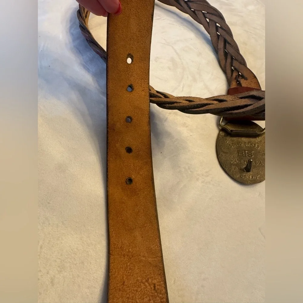 VTG! BTS Solid Brass! Braided Brown Leather Belt w/ Solid Brass Oval Buckle